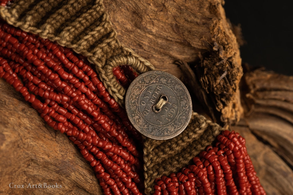 罕見 Konyak Naga 部落珊瑚紅玻璃串珠項鍊