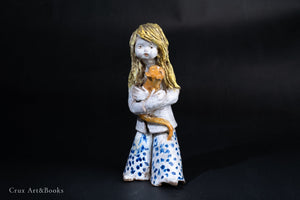 義大利藝術家 D. Pucci 女孩抱貓陶塑