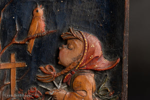 浮雕女孩花園嬉戲圖木頭掛飾